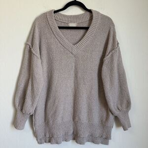Altard State Beige Oversized V Neck Inside Out Hem Boucle Knit Pullover Sweater
